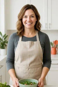 Smiling woman chef holding a green bowl of salad in a bright kitchen